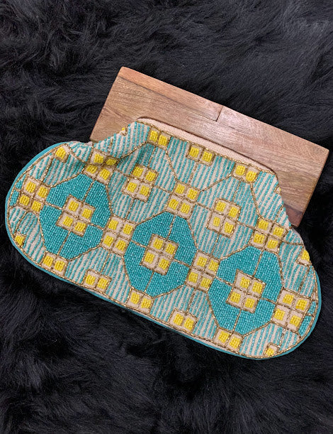 Hand Beaded Wooden Clutch - Teal & Yellow
